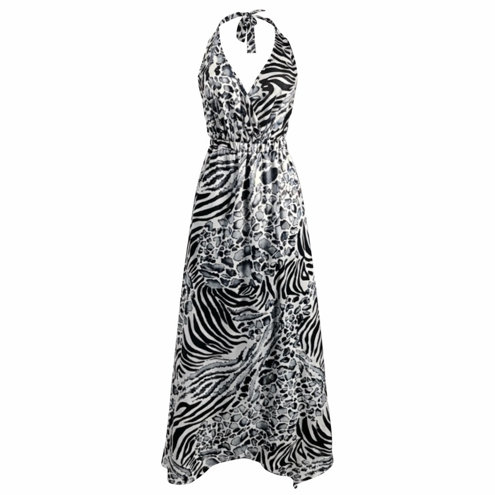 Grass Collection Animal Print‎ Halter Maxi Dress Zebra Leopard Black Gray Size M